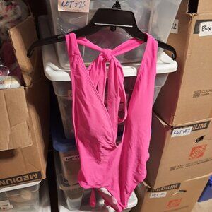 New ! One Piece Women Swimsuit Push Up Bra Backless & Shoulderless Pink Size L